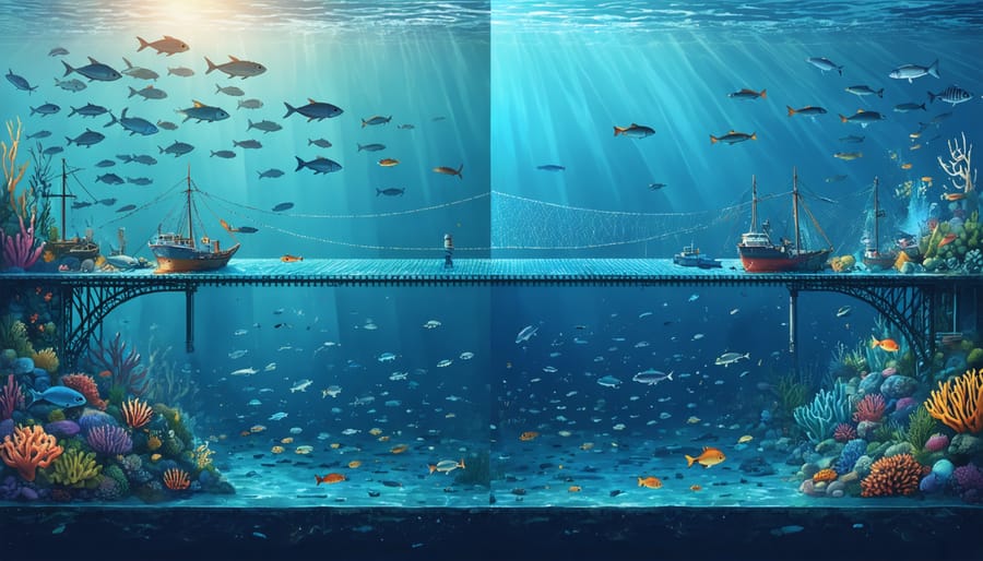 A conceptual ocean scene illustrating the contrast between sustainable fishing and destructive practices, connected by modern fishing technologies symbolizing scientific intervention for sustainability.