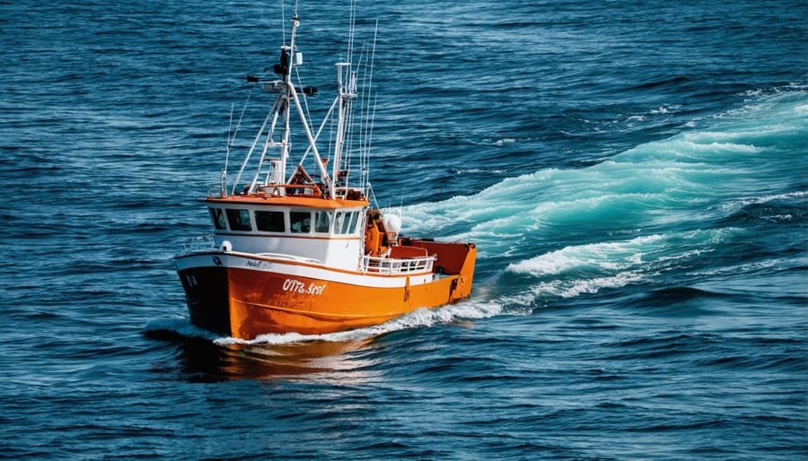 Aerial view of fishing boat using selective nets at sunrise