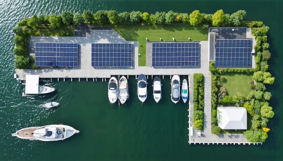 Aerial photograph of an eco-friendly marina with sustainable features and clean water