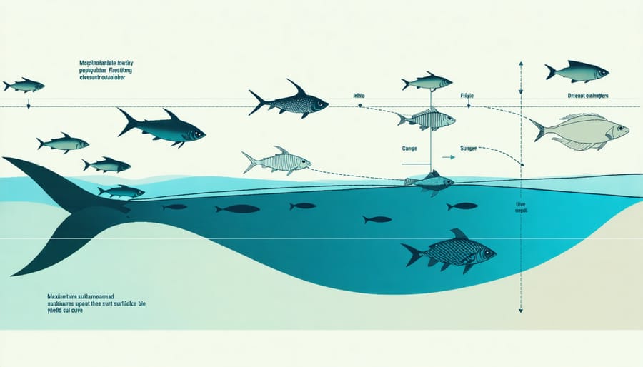Graph illustrating the relationship between fish population size, reproduction rates, and sustainable harvest levels