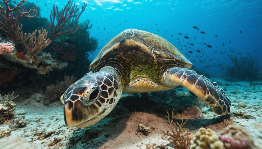 Tagged sea turtle swimming through a school of fish in clear blue water