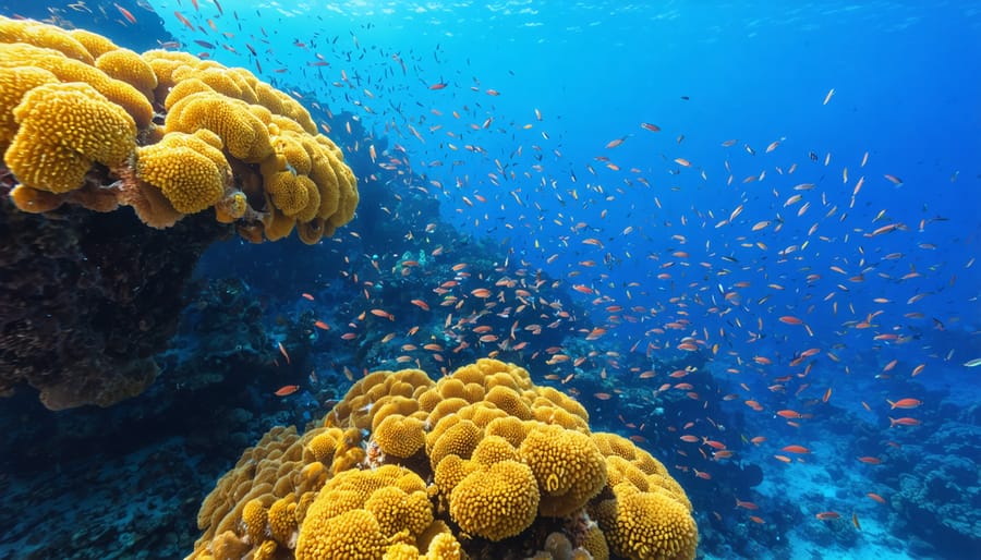 "Underwater scene of a vibrant coral reef with colorful fish swimming amidst healthy coral formations, illuminated by sunlight filtering through clear water."