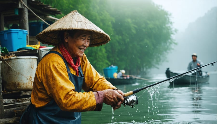 Close-up of hands repairing traditional fishing nets using ancestral techniques