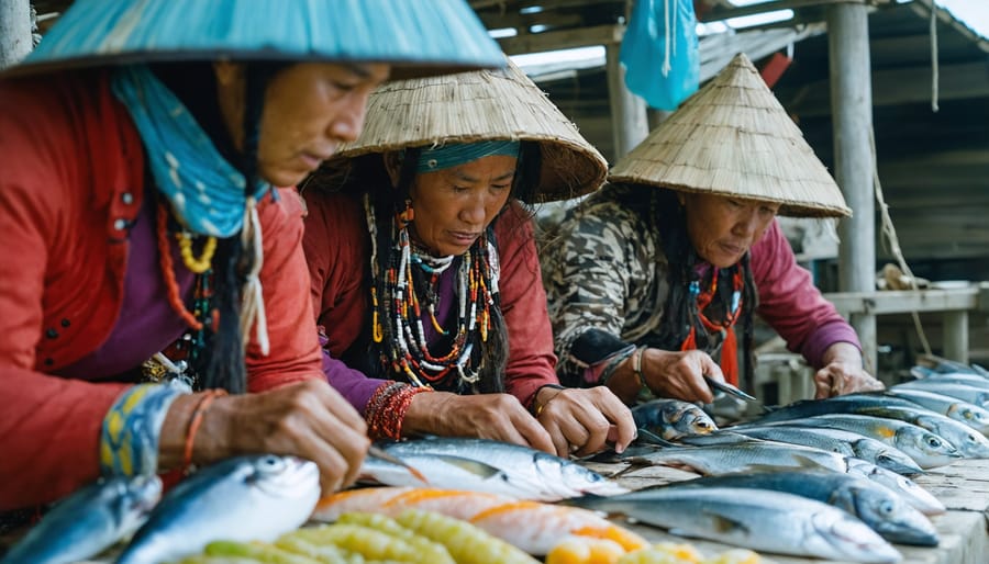 Fishermen and marine biologists collaborating on a fishing boat using both traditional and modern tools