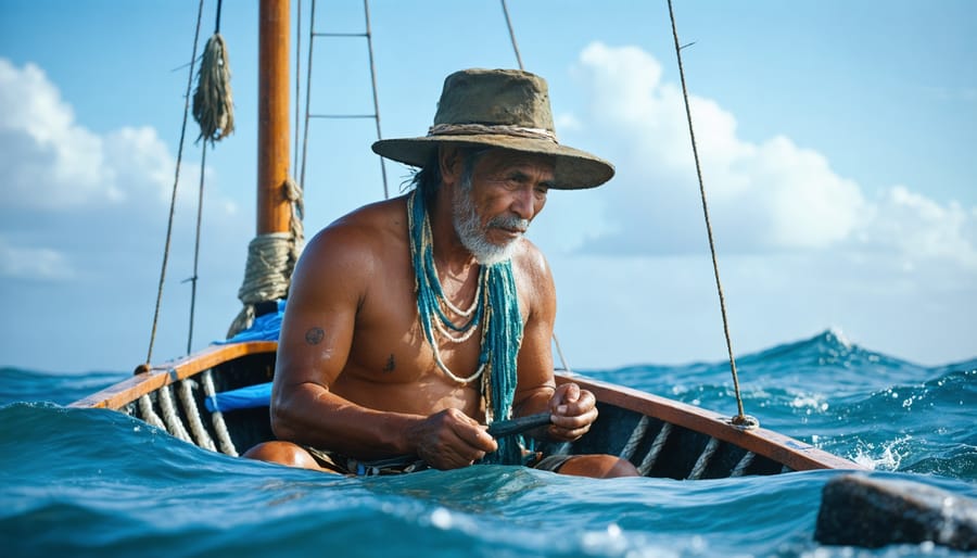 Elder teaching young person traditional navigation techniques from an outrigger canoe