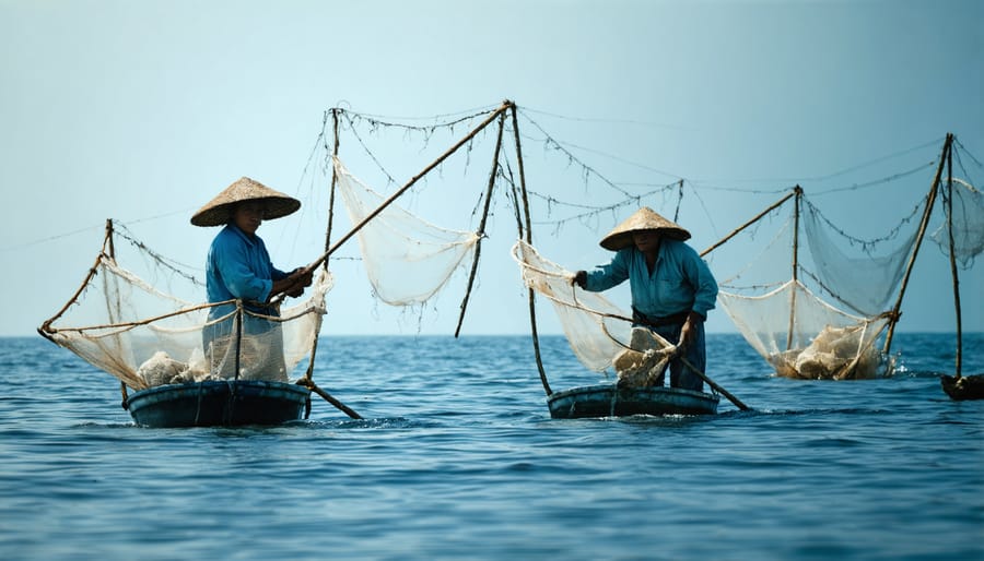 Indigenous fishermen casting circular nets from traditional wooden boats at sunrise