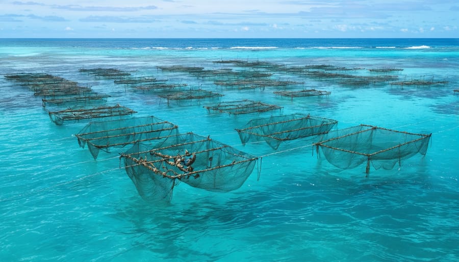 "Traditional Pacific Islander fish traps in clear blue ocean water, showcasing sustainable fishing practices."