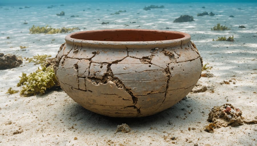 Underwater view of ancient amphora partially buried in seafloor with visible trawling damage nearby