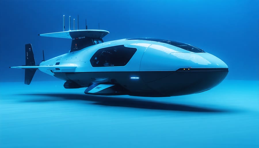 Autonomous underwater vehicle swimming through clear blue ocean waters