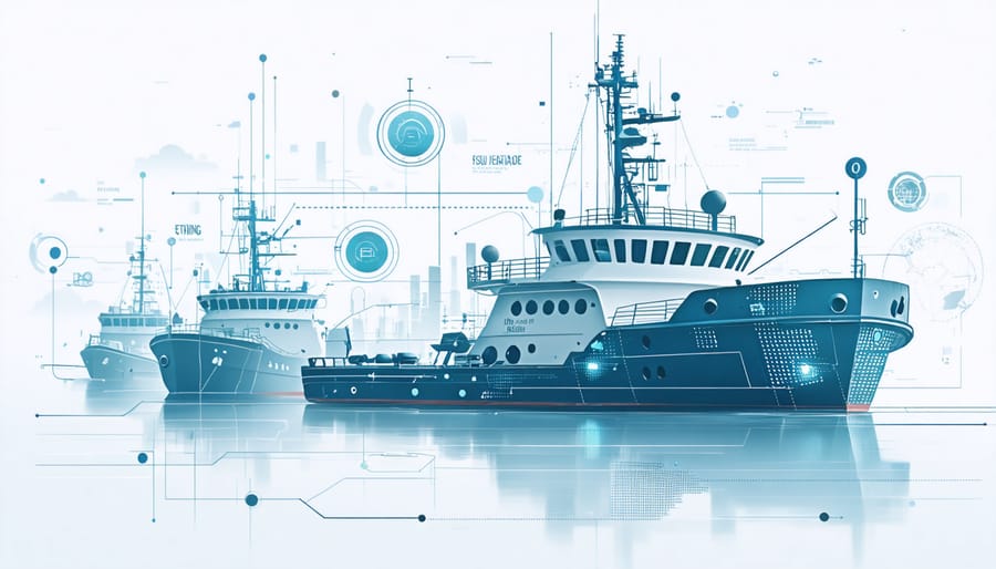 Computer screen displaying real-time vessel tracking system for fishery management