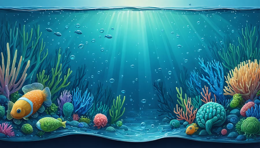 Illustration showing Vibrio marine bacteria's influence on ocean biogeochemical cycles, highlighting their role in nutrient recycling, symbiotic relationships, and adaptation to environmental changes.