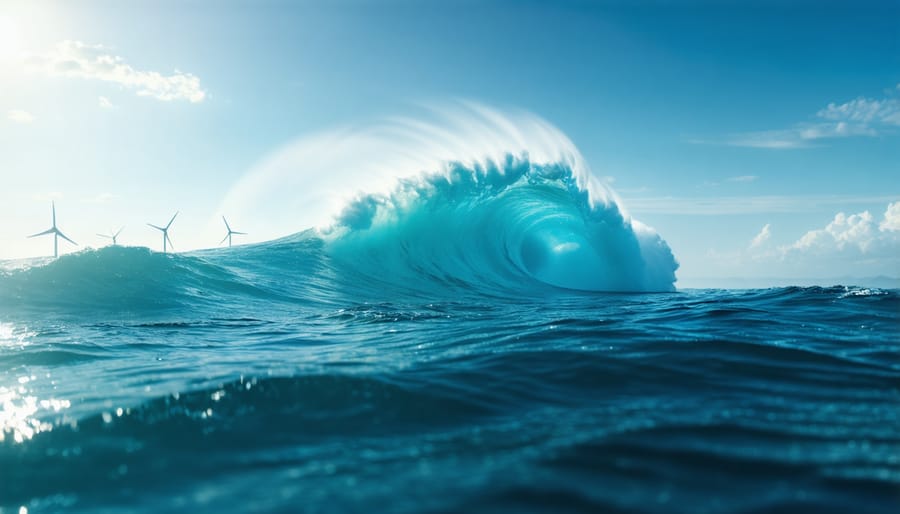 Array of wave energy converters floating in ocean with support vessel nearby