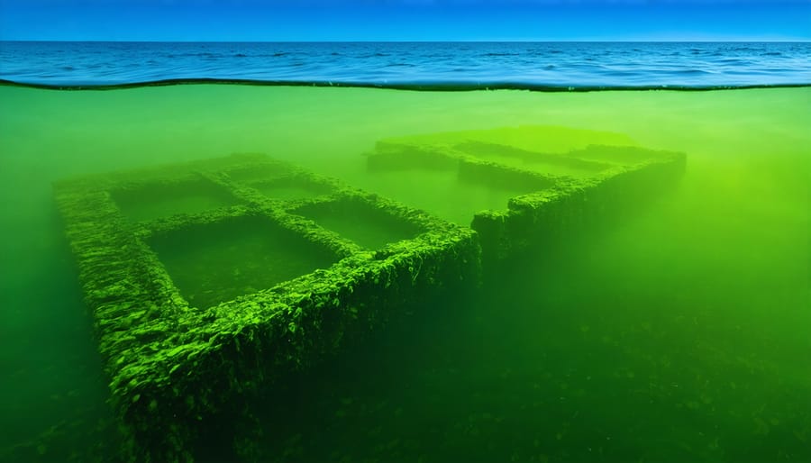 Dense green algae covering wooden timbers of submerged shipwreck underwater