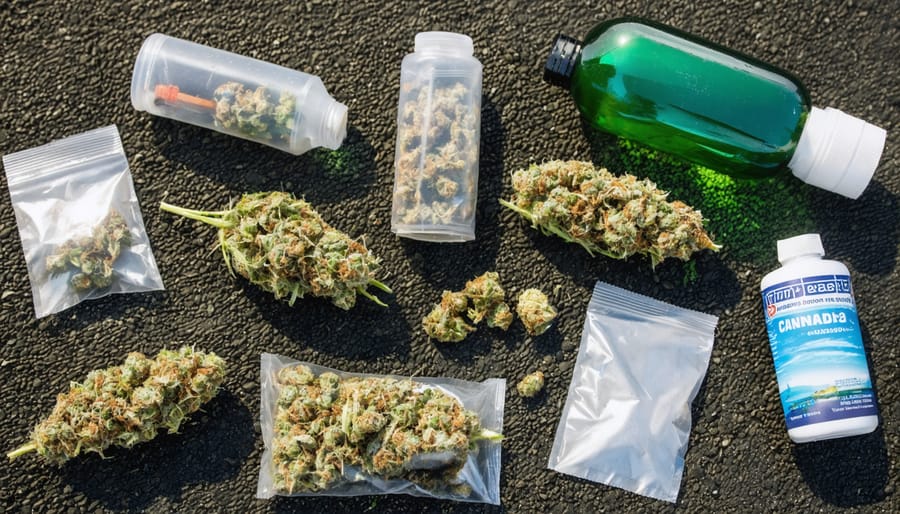THC gummy containers and cannabis packaging waste scattered on beach with ocean in background
