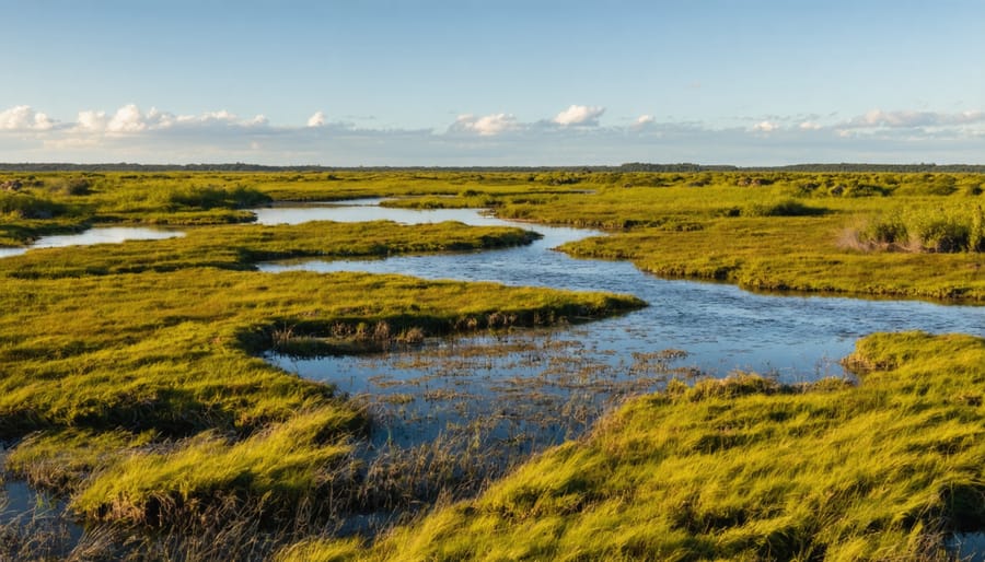 Aerial view of restored coastal wetland with marsh grasses and water channels