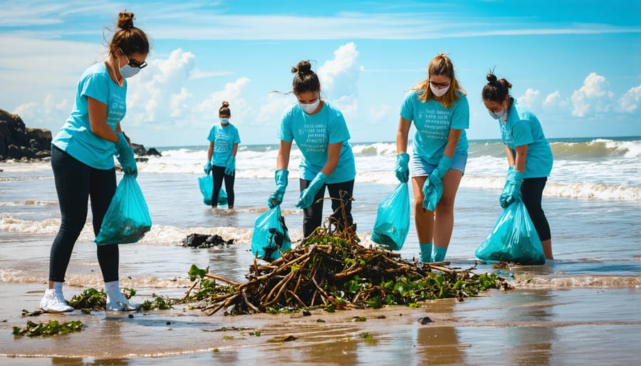 Diverse group of volunteers collecting plastic debris during beach cleanup event