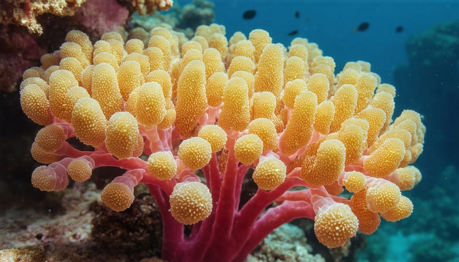 Coral reef showing both healthy and bleached coral polyps side by side