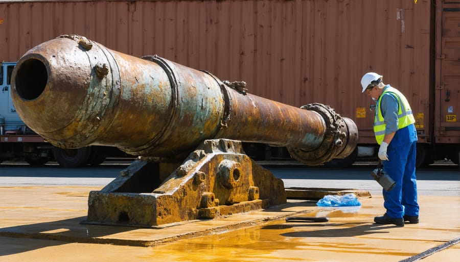 Diver examining heavily corroded bronze cannon covered in biofilm underwater