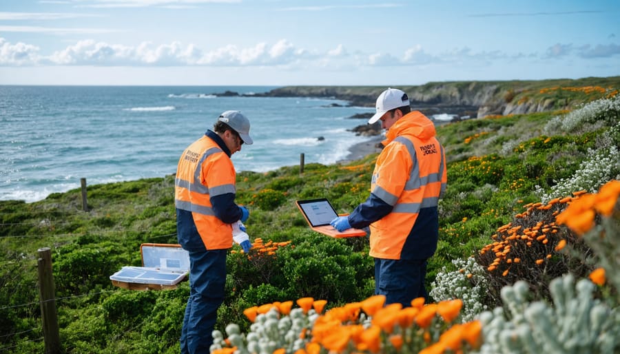 Marine biologist examining specimens in tidal pool during fieldwork