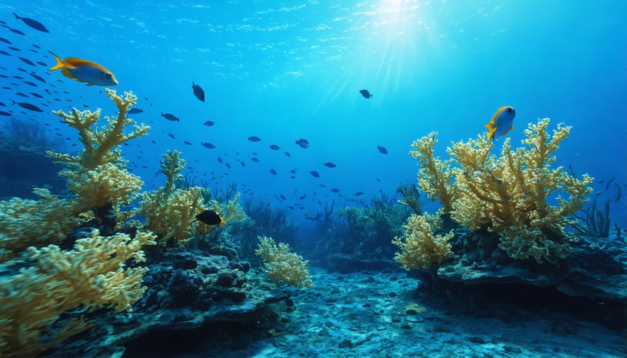 Vibrant coral reef ecosystem with fish, sea turtle, and diverse marine life