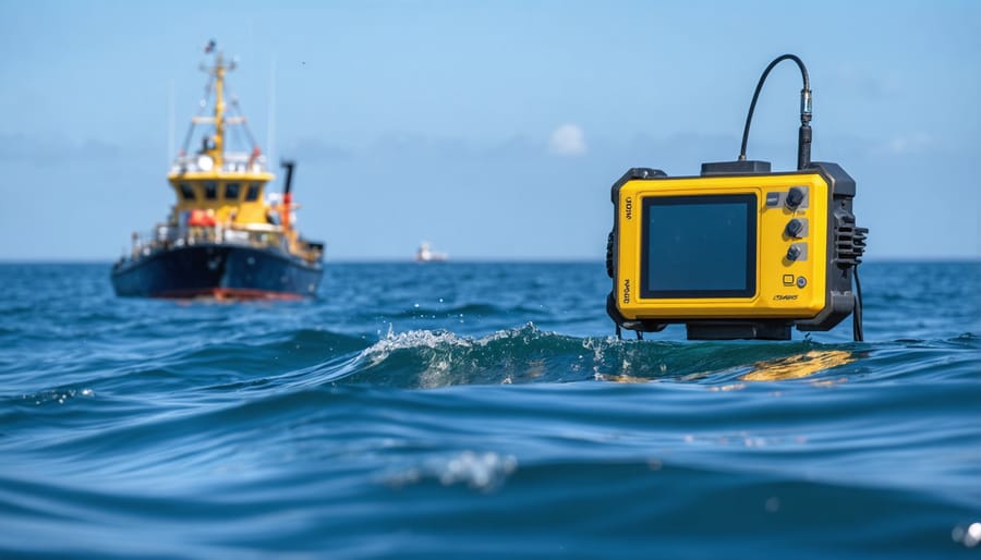 Marine researcher deploying underwater acoustic monitoring equipment from research vessel