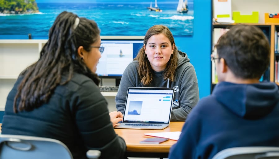 Diverse group of graduate students working together on marine policy research at conference table