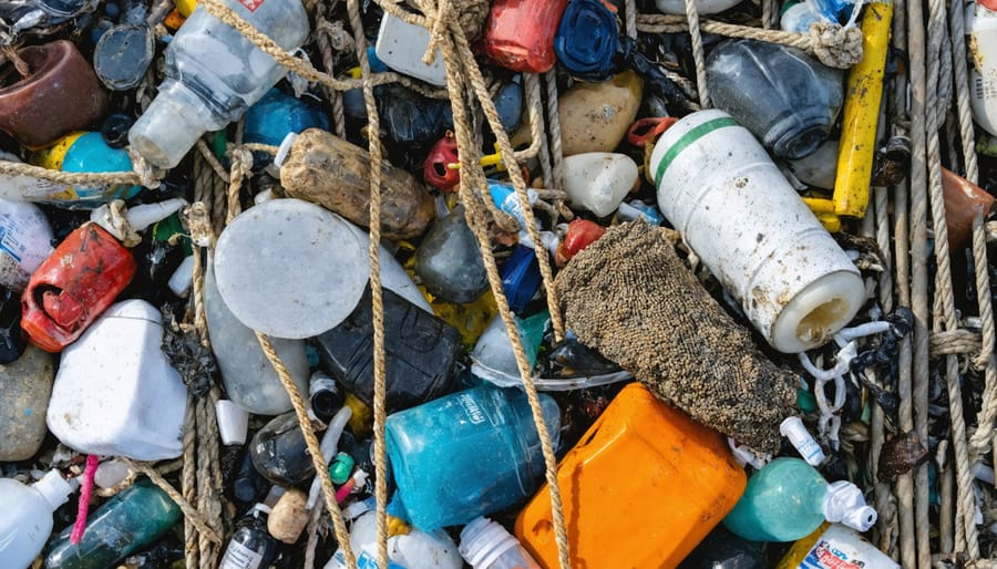 Plastic pollution debris floating underwater near coral reef with sea turtle