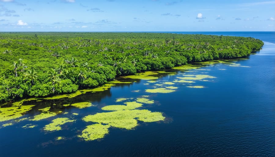 Aerial view of healthy mangrove forest ecosystem along protected coastal zone