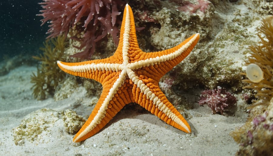 Multiple sea stars in different colors including purple, orange, and red on coral reef