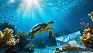 Juvenile sea turtle swimming near a floating opaque mylar pouch and plastic screw-top container over a coral reef, with microplastic particles in the water and distant reef fish softly blurred.