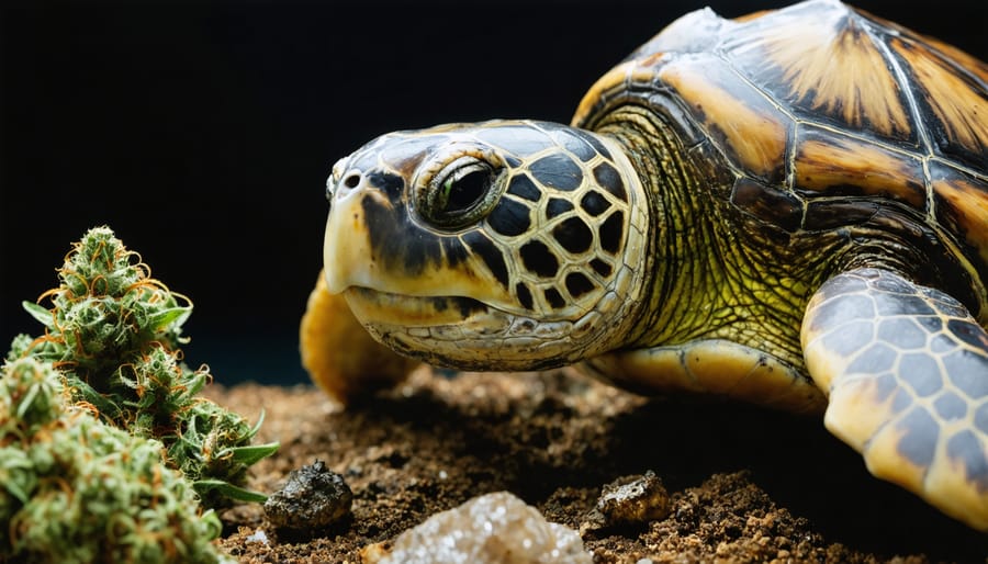 Sea turtle approaching colorful plastic cannabis packaging waste floating in ocean water