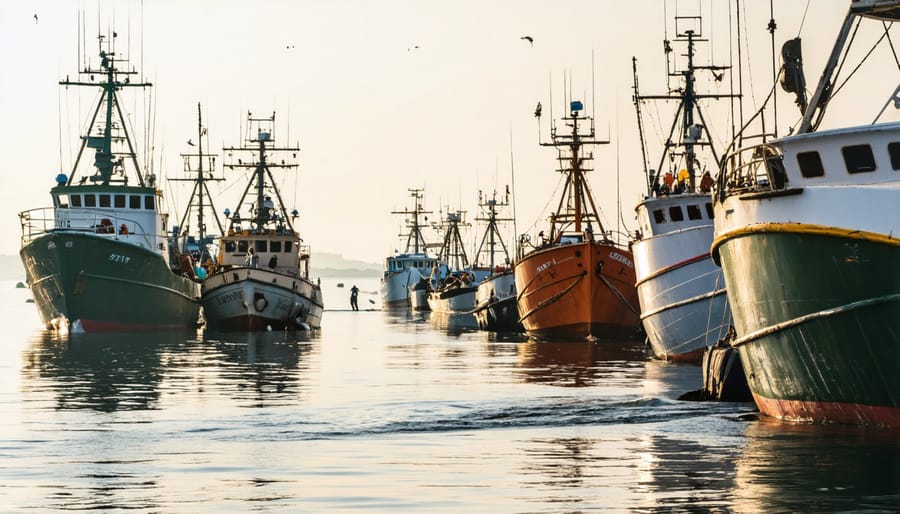 Policy advocate meeting with fishing community members at coastal harbor location