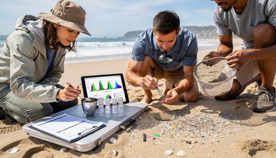 Volunteers examining beach sand samples for microplastics during citizen science monitoring