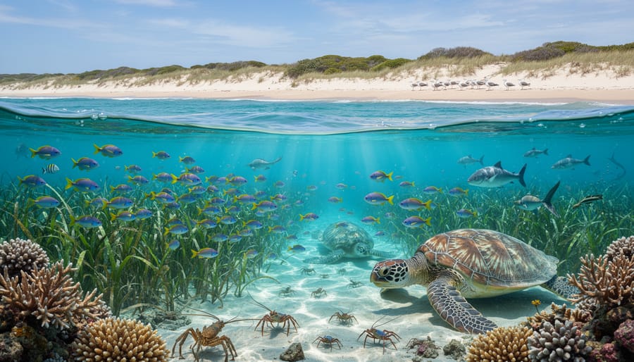 Thriving coral reef ecosystem with diverse fish species and healthy coral formations