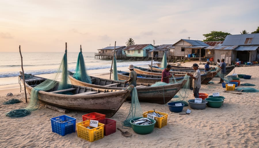 Diverse group of fishers working together to repair fishing nets on coastal dock