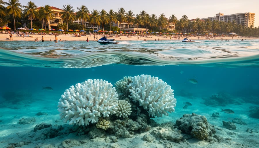 Over-under view at the waterline showing a crowded tropical beach resort with umbrellas and jet skis above, and a bleached coral head on a shallow reef below, lit by golden hour light.