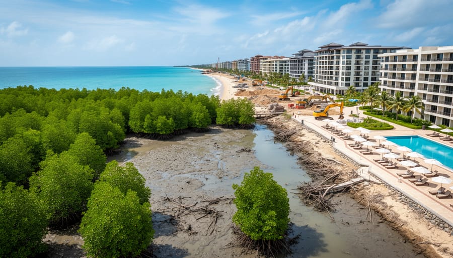 Aerial view of coastal development with hotels and marina built over former natural habitat