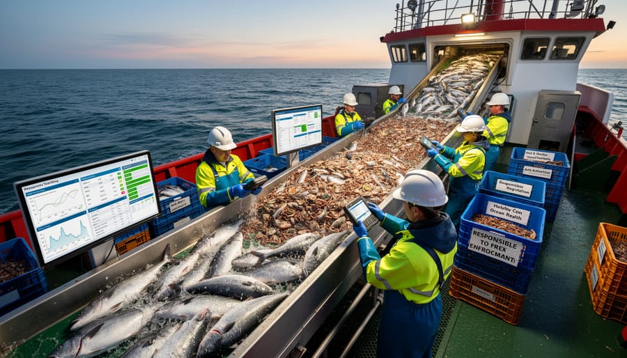 Underwater view of commercial fishing net being hauled with caught fish