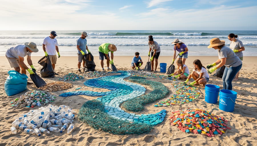Volunteers arranging collected beach debris into circular art pattern on sand