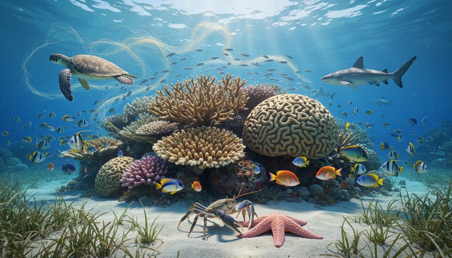Diverse coral reef ecosystem with multiple fish species and healthy coral formations underwater