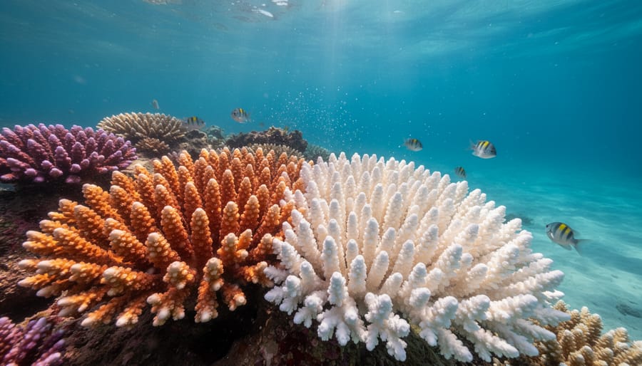 Bleached white coral branches showing effects of ocean temperature stress