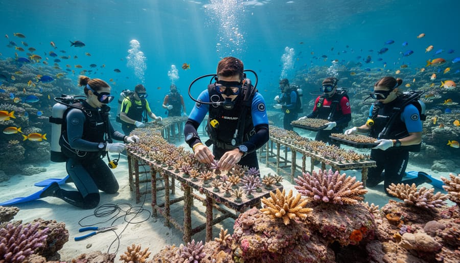 Marine biologist transplanting coral fragments during underwater restoration work