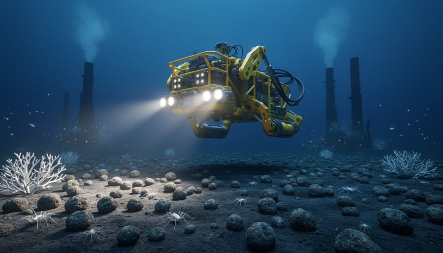 A yellow deep-sea mining ROV hovers above the dark seafloor, its lights revealing polymetallic nodules, fragile white corals, drifting silt, and faint hydrothermal vents with bioluminescent creatures in the distance.