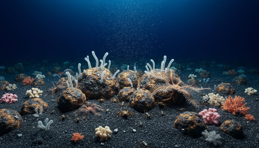 Polymetallic nodules on deep-sea floor sediment in dark ocean environment