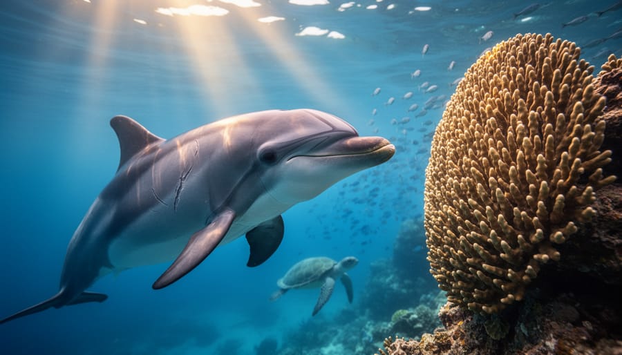 Bottlenose dolphin gliding through a sunlit coastal channel at eye level, with golden light rays and a softly blurred reef, distant turtle silhouette, and schooling fish in the background.