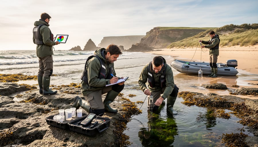 Intern documenting marine life observations in field notebook at coastal tide pool