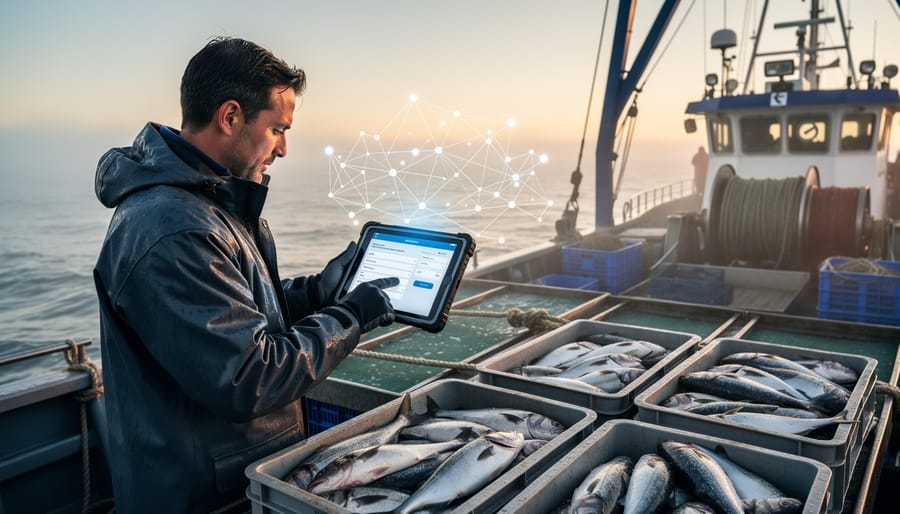 Fisherman using smartphone to record catch data on fishing boat deck