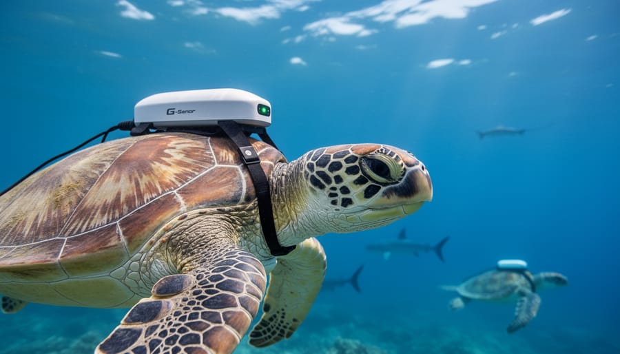 Small cylindrical g-sensor device attached to sea turtle swimming in blue ocean water