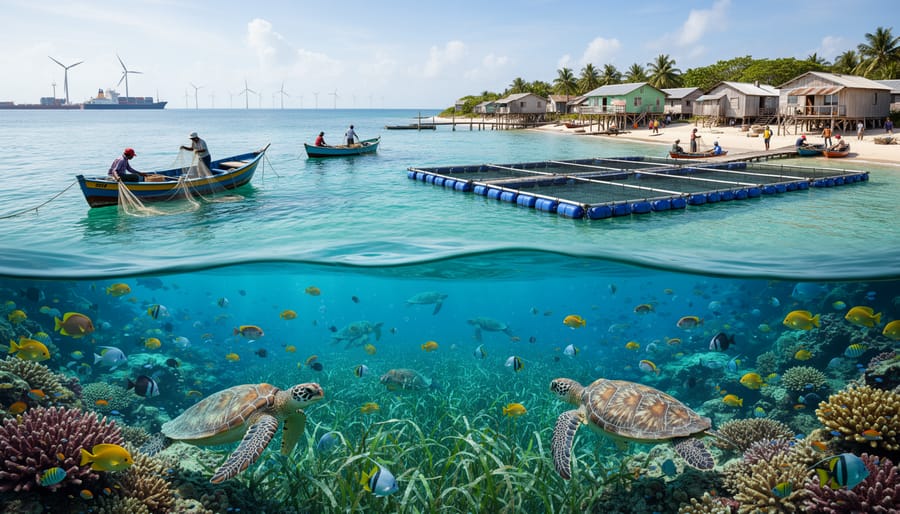 Vibrant coral reef with diverse fish species in clear tropical waters