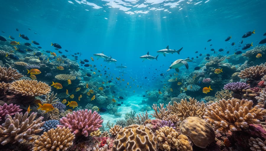 Vibrant coral reef with colorful fish swimming in clear tropical waters